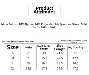 Detailed size chart for women's seamless pink boxer briefs showing S-XL measurements