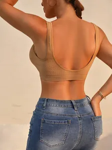 Detail view of the seamless deep V bra with wide shoulder straps and U-back design