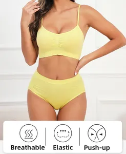 Ensemble soutien-gorge en maille côtelée respirant, haute élasticité et froncé