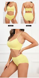 Vue détaillée de l'ensemble lingerie jaune sans couture avec texture tricotée côtelée