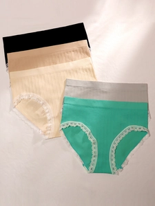 Detail of 5-pack seamless rib-knit lace trim panties in assorted neutral colors