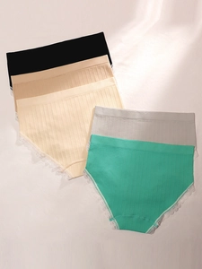 Detail showing five-pack nylon lace panties in assorted colors with vertical ribbed texture