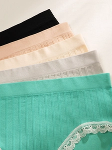 Close-up of ribbed texture and delicate lace trim on mid-rise seamless cotton panties