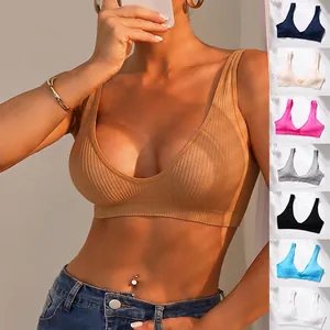 Women Seamless Deep V Ribbed Bra Wireless Comfortable Sports Bralette Camisole Tank Top Push Up Lingerie