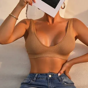 Deep V-neck seamless ribbed knit sports bra in camel brown for comfortable everyday wear