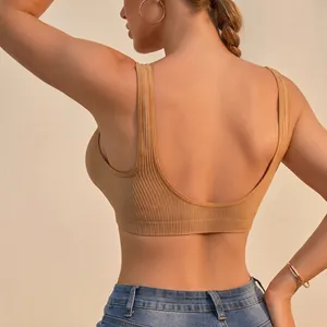 Deep V seamless ribbed knit bra with U-back design in camel, soft and breathable fit