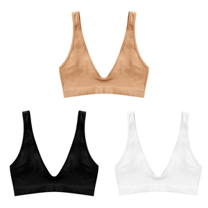 3-pack seamless ribbed deep V-neck bras in beige, black, and white soft breathable fabric