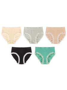 Close-up of ribbed texture and white lace trim on five-pack women's cotton panties