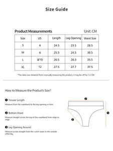 Detailed size guide table for seamless lace underwear showing measurements in centimeters