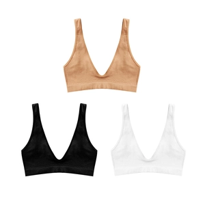 Three-piece seamless V-neck ribbed bras in beige, black, and white high-elastic knit fabric