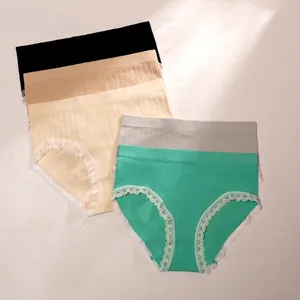 Seamless Mid Waist Lace Trim Women Briefs Ribbed Nylon Breathable Sexy Knitted Panties Soft Comfortable Underwear