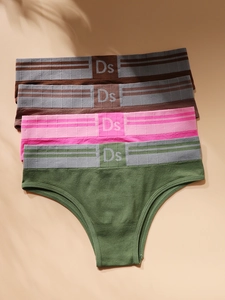 Detail of four multi-colored seamless cotton panties with striped logo waistbands