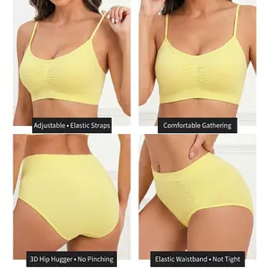 Ensemble lingerie sans couture jaune pâle avec bretelles réglables et effet froncé