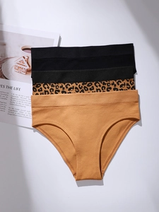 Three-pack set of cotton panties featuring leopard print and solid mustard yellow and black