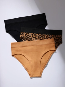 Three-pack set of seamless leopard print and solid low-rise briefs for women
