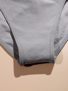 Macro detail of gray seamless knit panties showing high-quality double-needle stitching