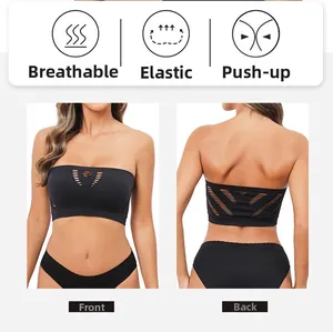 Detail of black seamless bandeau with laser-cut hollow pattern and breathable elastic fabric