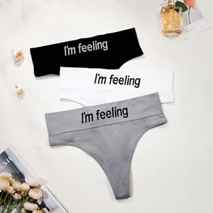Women Sexy Seamless Thong Panties Nylon Cotton Blend Breathable Sporty Low Waist Letter Print Briefs Multi Color Collection