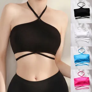 Débardeur Bandeau Dos Nu Côtelé Sexy pour Femmes Encolure Croisée Soutien-Gorge Sans Bretelles Sans Couture Avec Coussinets