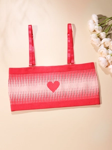 Detail of pink striped knit tube top featuring a red heart and adjustable straps