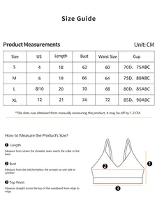 Size chart showing US sizes and measurements for seamless wireless sports bras