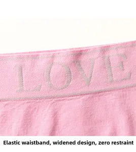 Detail of pink seamless panties featuring elastic wide waistband and LOVE letter pattern