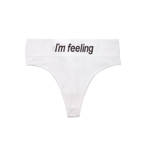 White seamless thong with 'I'm feeling' lettering for yoga and fitness training