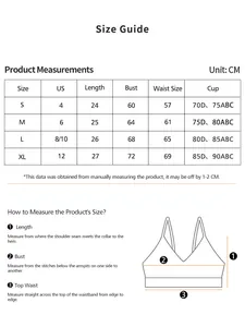Size guide for seamless yoga bra showing measurements for S to XL in centimeters