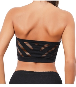 Detail of black seamless bandeau with breathable V-shaped hollow stripe back design