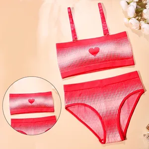Women's Valentine's Day Sexy Seamless Lingerie Heart Pattern Gradient Ribbed Bra Panty Wireless Breathable Nylon Underwear