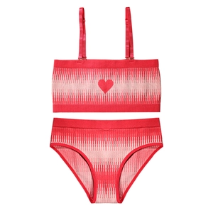 Girls' red seamless ribbed camisole and panties set with heart detail for Valentine's Day