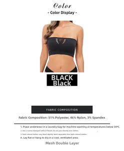Detail of black tube top showing fabric composition 51% polyester and 46% nylon blend