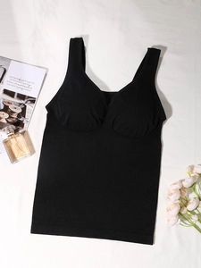 Black slimming camisole with built-in bra pads and V-neck design for women