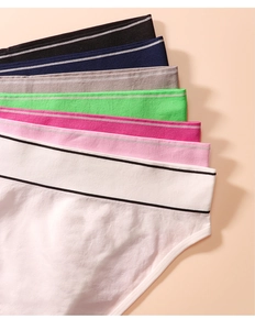 Close-up of seven multi-colored women's briefs with striped elastic waistbands