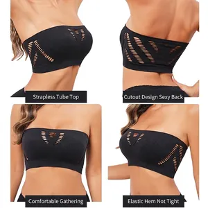Seamless strapless black bandeau top with hollow-out design and high elastic hemline