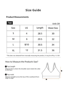 Size guide for wireless sports bra top showing measurements in cm for S to XL sizes