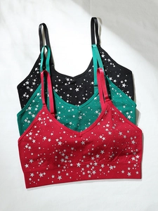 Set di 3 reggiseni sportivi con stampa a stelle, tessuto a costine e scollo a V