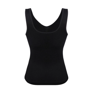 Women's black seamless body shaper vest with wide straps and ribbed texture fabric