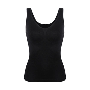 Detail of black seamless shaping vest showing elastic knit fabric and U-neck design
