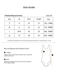Detailed size guide chart with measurements for women's slimming shapewear bodysuit