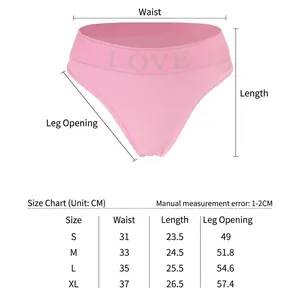 Size chart for seamless sports panties set with LOVE letters on wide elastic waistband