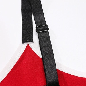 Red seamless wire-free bra with contrast white trim and adjustable black elastic straps