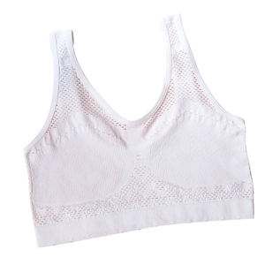 White seamless sports bra with breathable mesh texture and wide ribbed underband