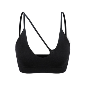 Seamless ribbed sports bra in black with asymmetric straps and V-neck for yoga and fitness