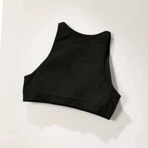 High-impact black seamless sports bra with racerback design and wide elastic band