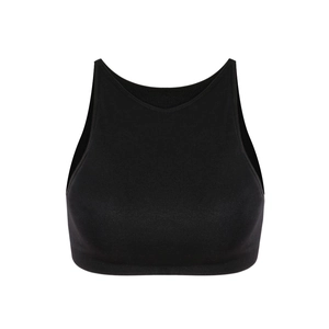 High-impact black sports bra with racerback design and wide ribbed supportive underband