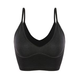 Seamless black sports bra with thin straps and deep V-neck for workout and running