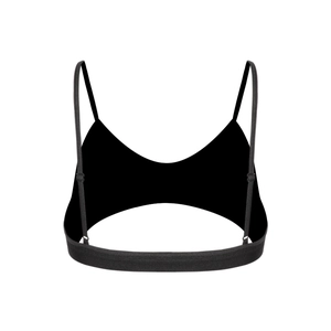 Détail montrant les fines bretelles réglables et l'ourlet élastique du soutien-gorge noir