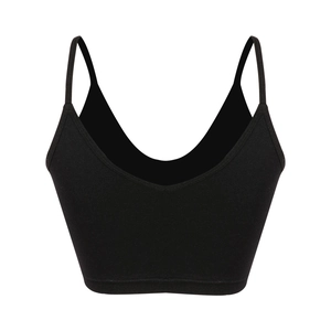 Women's black low-cut sports bra with thin straps and supportive seamless design