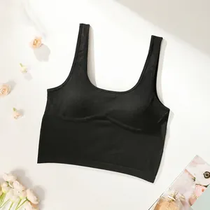 Soutien-gorge de Sport Sans Couture pour Femmes Sans Armature Rembourré Yoga Crop Top Col Rond Larges Bretelles Nylon